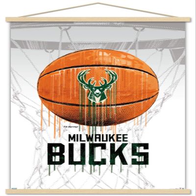 Trends International NBA Milwaukee Bucks - Drip Ball 20 Wall Poster, 22.375" x 34", Print and Beechwood Hanger Bundle