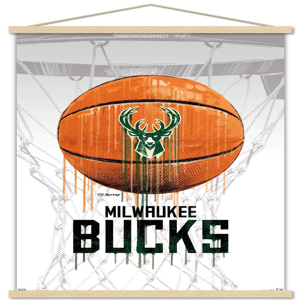 Trends International NBA Milwaukee Bucks - Drip Ball 20 Wall Poster, 22.375" x 34", Print and Beechwood Hanger Bundle