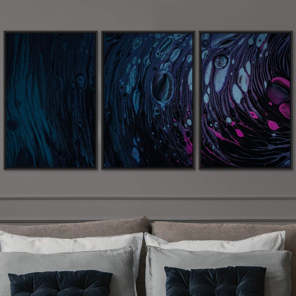 SIGNWIN 3 Piece Framed Canvas Wall Art Abstract Fluids 3D Abstract Abstract Brushstroke Contemporary - 16"x24"x3 Panels