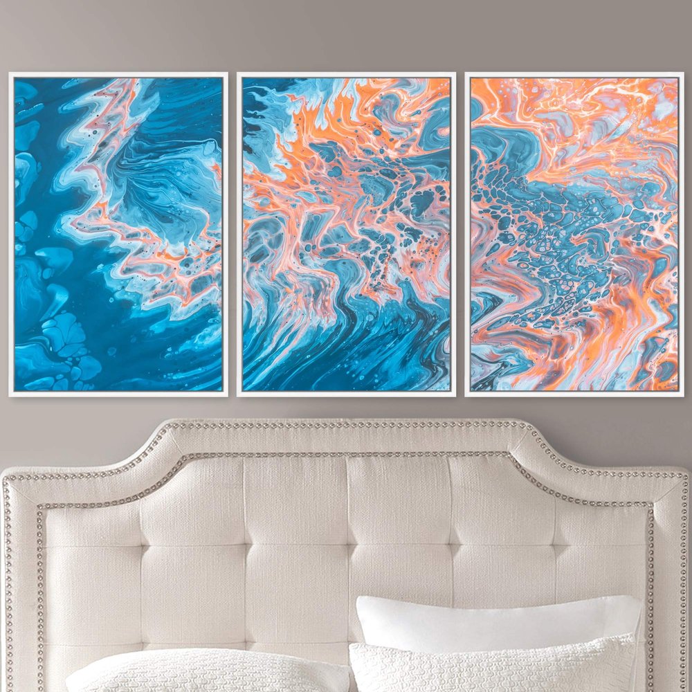 SIGNWIN 3 Piece Framed Canvas Wall Art Abstract Fluids 3D Abstract Abstract Brushstroke Contemporary - 16"x24"x3 Panels