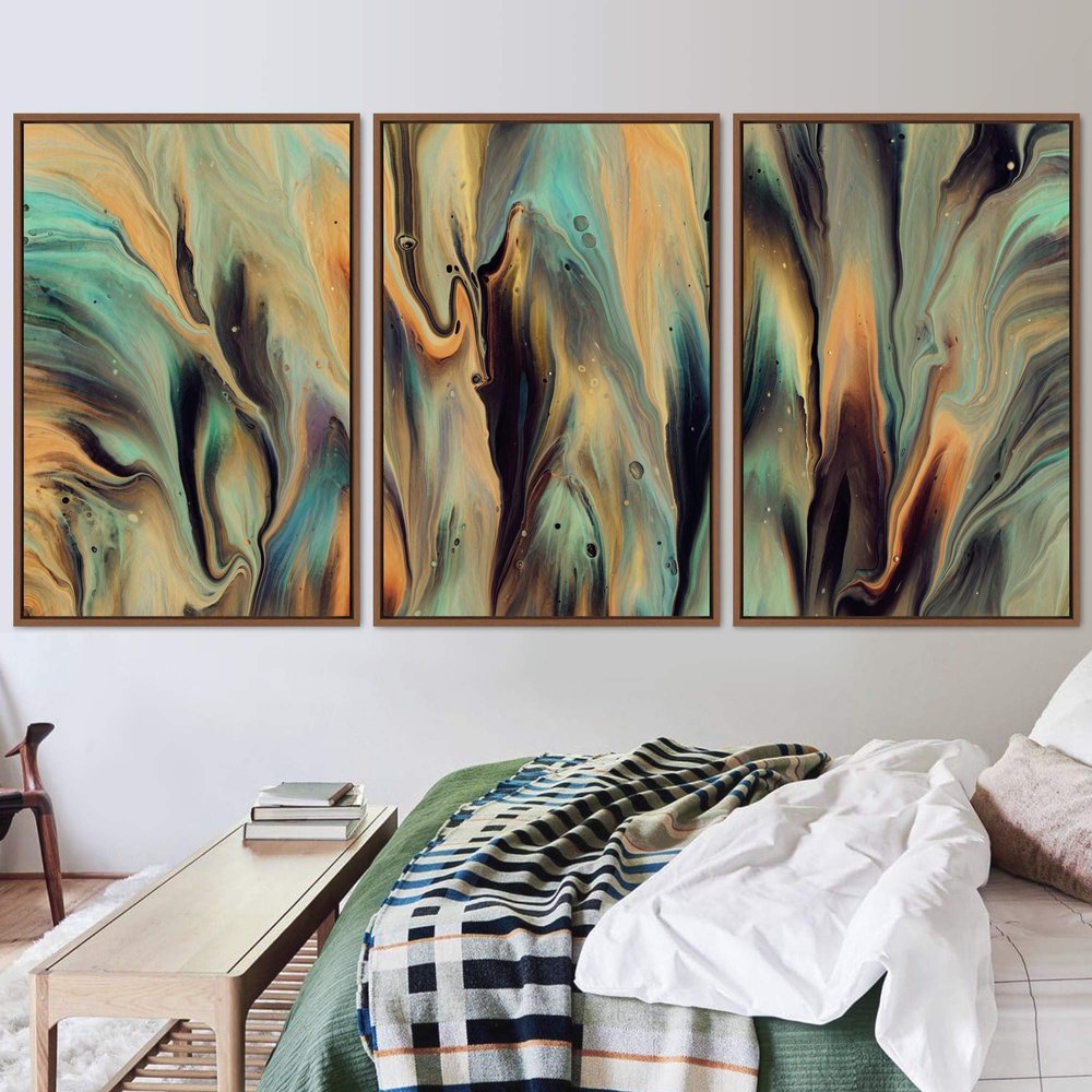 SIGNWIN 3 Piece Framed Canvas Wall Art Abstract Fluids 3D Abstract Abstract Brushstroke Contemporary - 16"x24"x3 Panels