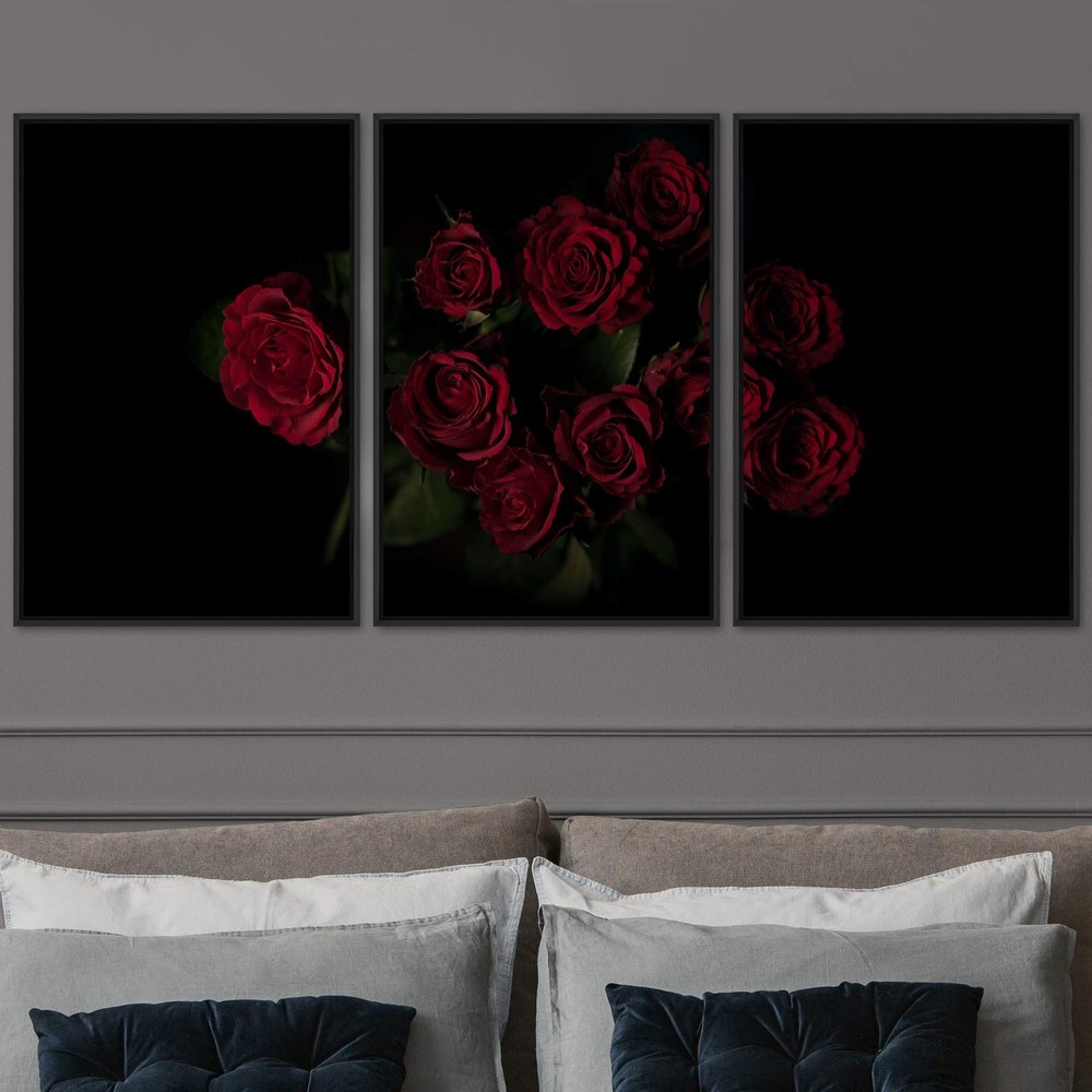 SIGNWIN 3 Piece Framed Canvas Wall Art Red Rose Clusters Canvas Prints Home Artwork Decoration for Living Room,Bedroom - 16"x24"x3 Panels