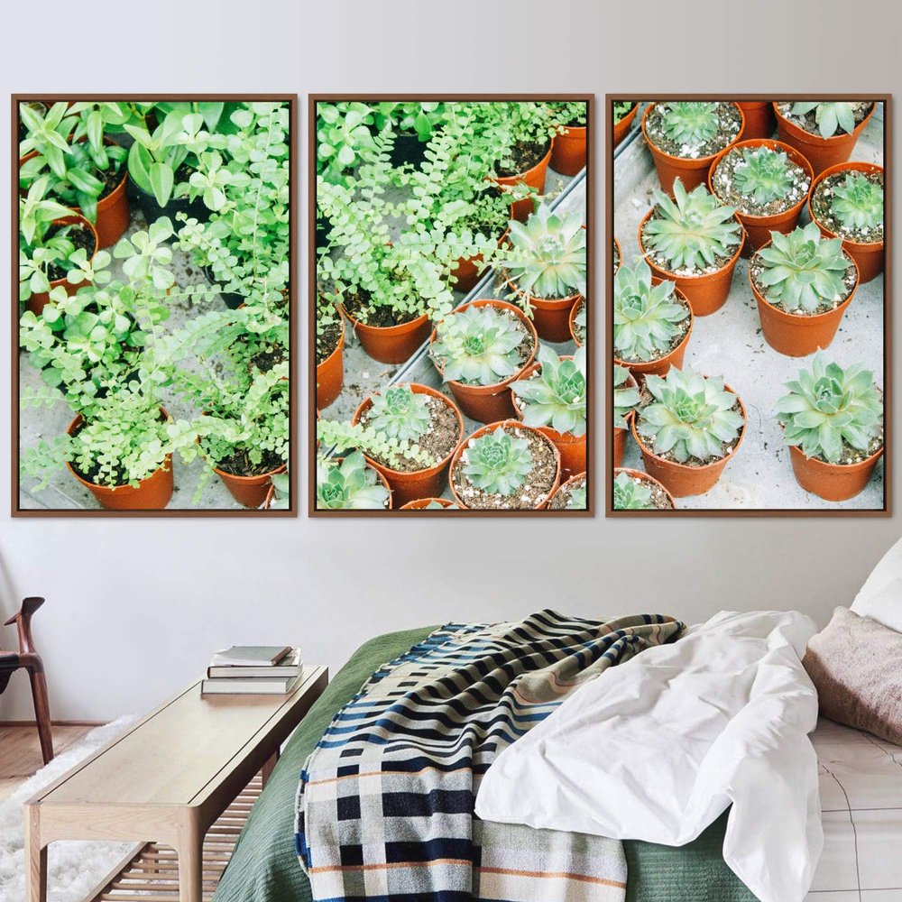 SIGNWIN 3 Piece Framed Canvas Wall Art Greenery in Pots Canvas Prints Home Artwork Decoration for Living Room,Bedroom - 16"x24"x3 Panels