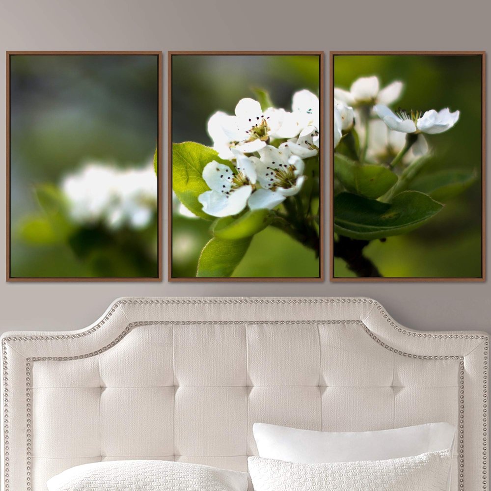 SIGNWIN 3 Piece Framed Canvas Wall Art White Blossom Canvas Prints Home Artwork Decoration for Living Room,Bedroom - 16"x24"x3 Panels