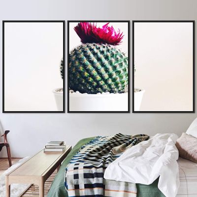 SIGNWIN 3 Piece Framed Canvas Wall Art Cactus with Flower Canvas Prints Home Artwork Decoration for Living Room,Bedroom - 16"x24"x3 Panels