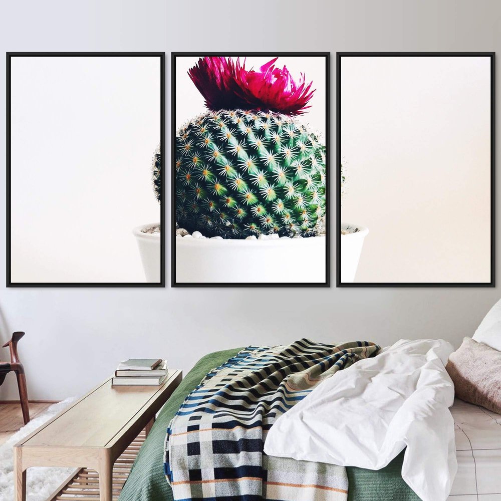 SIGNWIN 3 Piece Framed Canvas Wall Art Cactus with Flower Canvas Prints Home Artwork Decoration for Living Room,Bedroom - 16"x24"x3 Panels