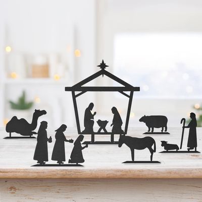 Family Christmas Nativity Set - Scripture Devotional Study Kit - Nativity Set for Christmas Metal - 6 Pieces Nativity Set Holy Family Nativity Set Rustic Manger Nativity Set Indoor Christmas Manger