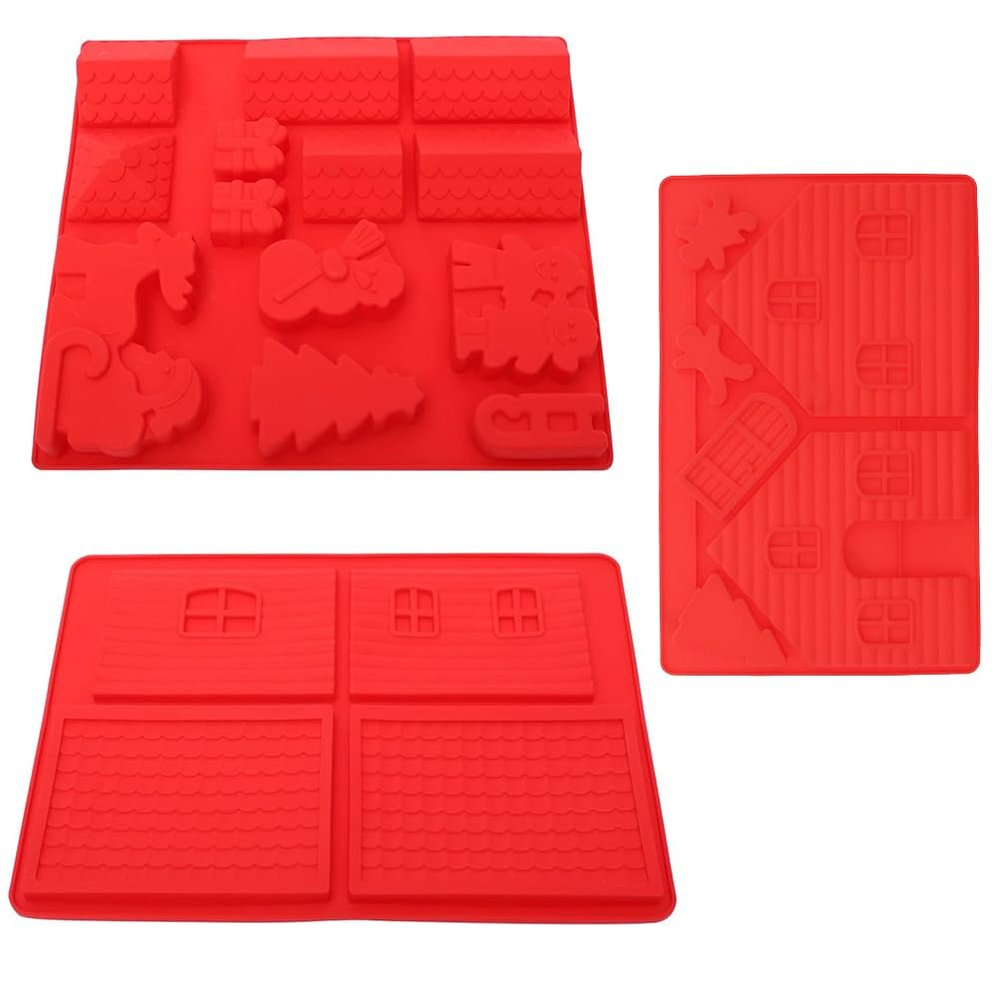 3pcs Silicone Christmas Baking Mold 3D House Christmas Tree Snowman Gingerbread Man Cake Mold for Mousse Cake Muffin Baking Chocolate Red
