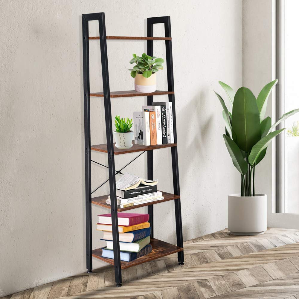 Basic Houseware Standing Shelf Unit Wood Bookcase Storage Organizer 5 Tiers Bookshelf Rack for Living Room