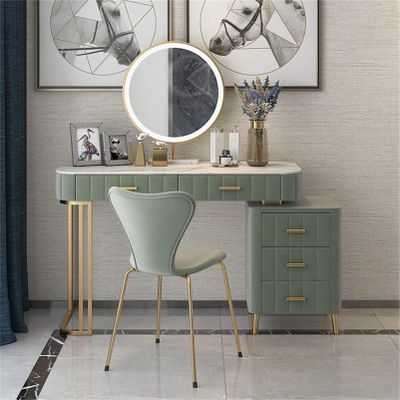 Makeup Vanity Table Set with MirrorBuilt-in 3 Kinds of Lights 5 Drawers, Flannel Cushioned Stool, Removable Lockers, Makeup Vanity Desk Dressing TableMarble Top Gray,Green,Pink