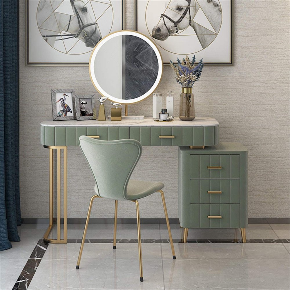 Makeup Vanity Table Set with MirrorBuilt-in 3 Kinds of Lights 5 Drawers, Flannel Cushioned Stool, Removable Lockers, Makeup Vanity Desk Dressing TableMarble Top Gray,Green,Pink