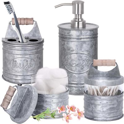 Autumn Alley Rustic Bathroom Accessories Set 4 - Galvanized Soap Dispenser, Rustic Toothbrush Holder, 2 Apothecary Jars Qtip Holder - Western Bathroom Decor  Farmhouse Bathroom Decor Accessories