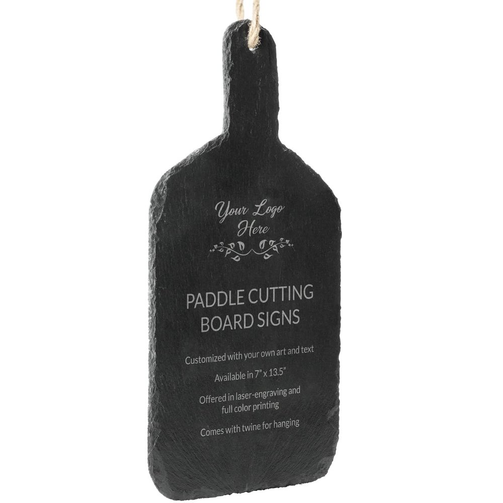 Personalized Slate Stone Cutting Board Style Decor with Hanger String - Add Your Own Text Clipart Photo or Logo - Great Housewarming or Wedding Gift (7 x 13.5" Paddle)