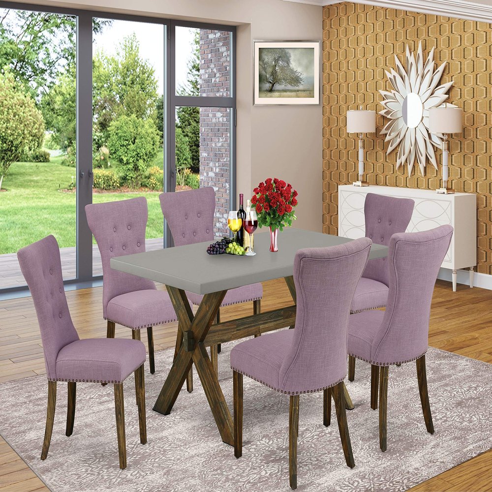 East West Furniture X796GA740-7 7 Piece Kitchen Table Set Consist of a Rectangle Dining Table with X-Legs and 6 Dahlia Linen Fabric Parson Dining Chairs, 36x60 Inch, Multi-Color