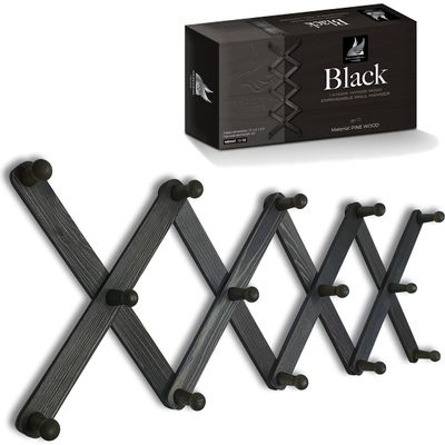 Mercurial Trade Expandable Wooden Coat Rack Hanger - Accordion Wall Hanger with Expanding Wall Pegs | Hand Made Vintage Wooden Hat Rack for Wall | Hang Coat, Jacket, Hat | Wall Rack 14 Hook, Black
