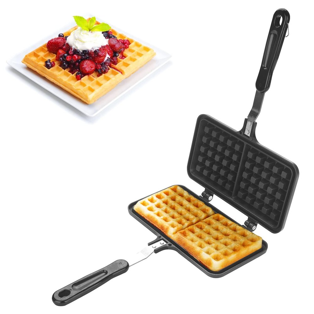 Agatige Stovetop Waffle Maker, Portable Aluminum Dual Head Nonstick Cast Iron Belgian Waffle Maker for Panini Sandwich Toaster Breakfast Snacks Cooking Baking Tool, 13.19x8.46in