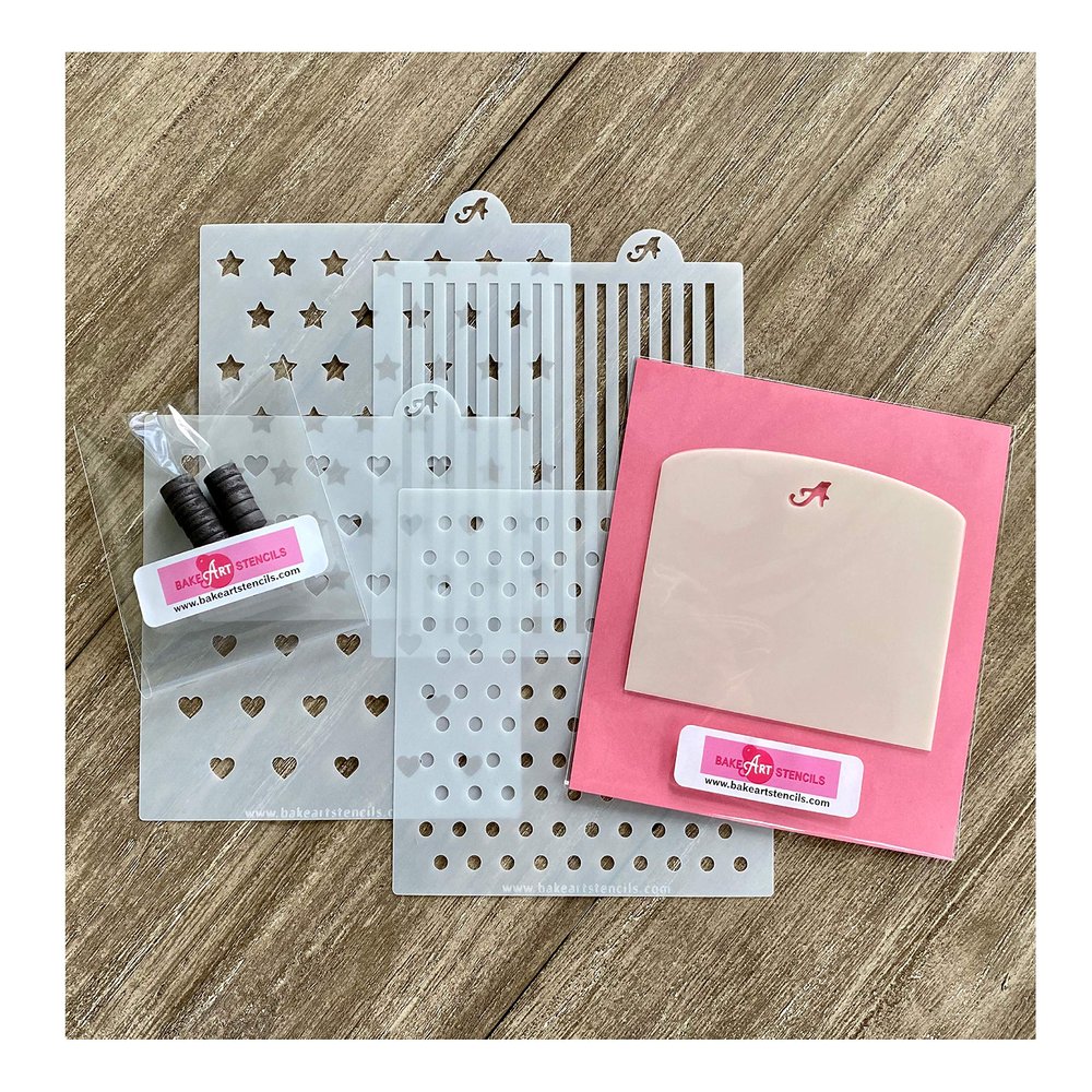 Cookie Stenciling Starter Set includes 4 Cookie Stencils, Icing Scrapers and Magnets