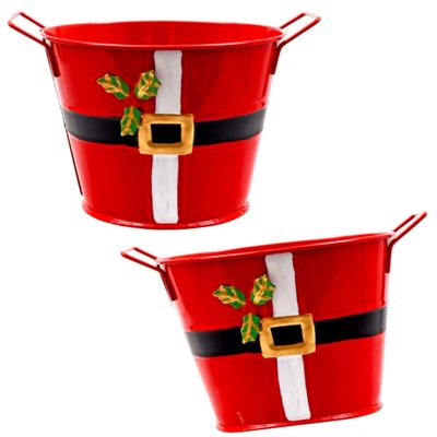 TopNotch Outlet Christmas Decor - Storage Pails (2 Pc) Small Red Painted Santa Buckets with Handles - Create Lovely Baskets - Add Party Favors - Metal Planters