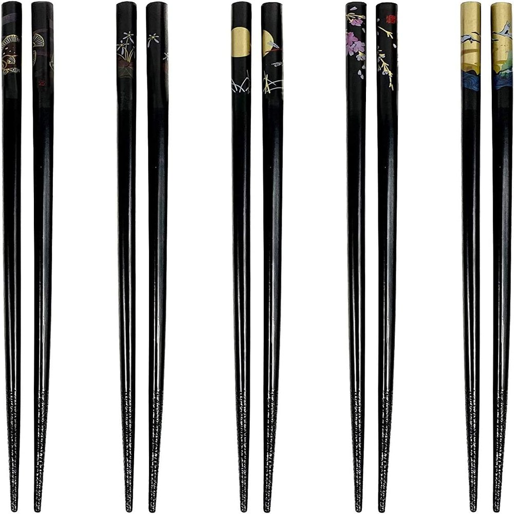 Bamboo Chopsticks Set, Japanese Reusable Wooden Chopsticks with Traditional Pattern Designs, Non Slip Tips Dishwasher Safe Asian Chopsticks for Sushi Ramen Noodles Rice Dining (10, Black)