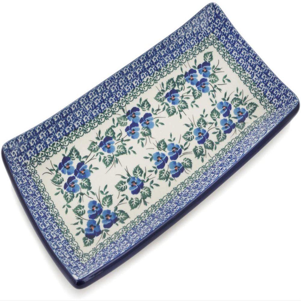 Polmedia Polish Pottery Sushi Tray - Blue Pansy Pattern Handmade in Boleslawiec Poland by Ceramika Artystyczna + Certificate of Authenticity