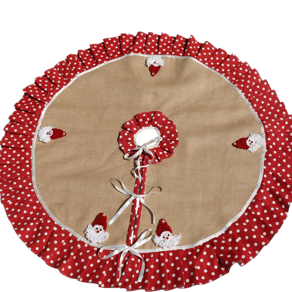 Red Polka Dot Ruffled Burlap Christmas Tree Skirt with Crocheted Santa Appliques 36to 80 Handmade Tree Skirt Lined Rustic Holiday Decoration