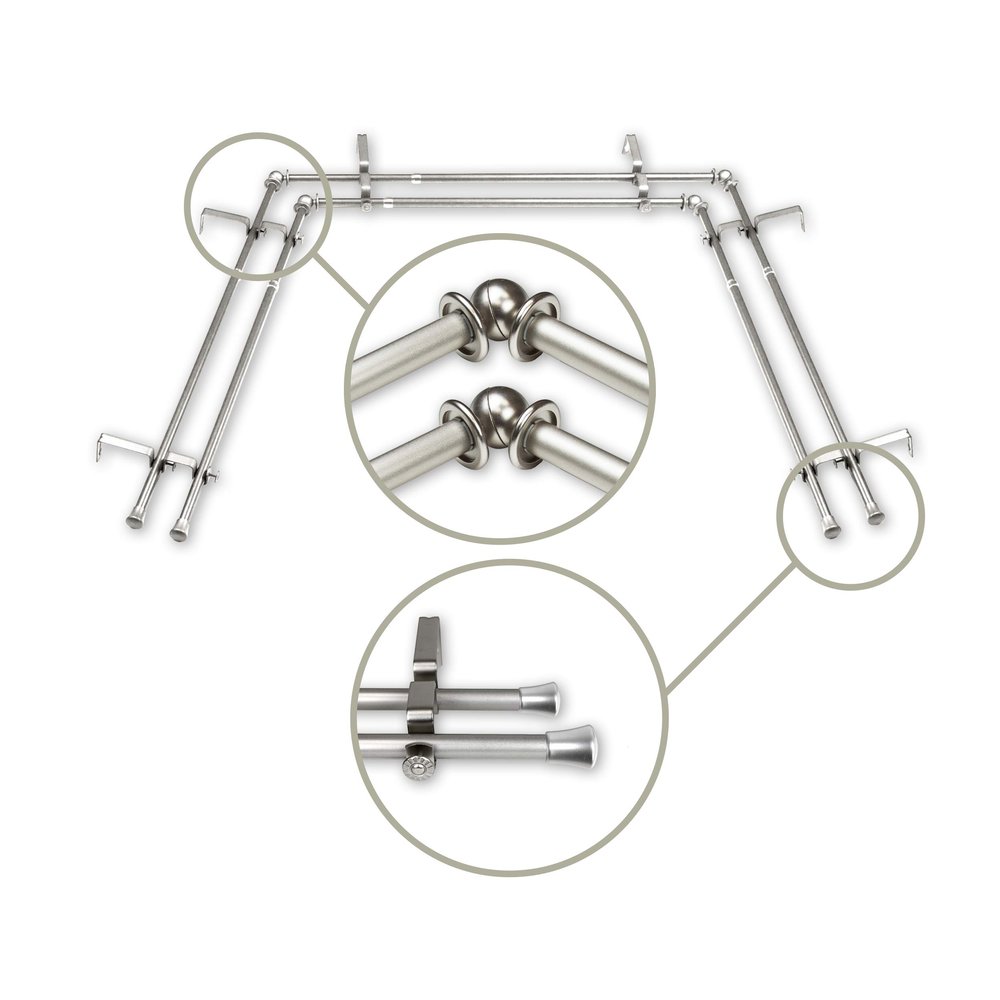 5/8 inch Double Bay Curtain Rod 20"-36", 38"-72" - Satin Nickel