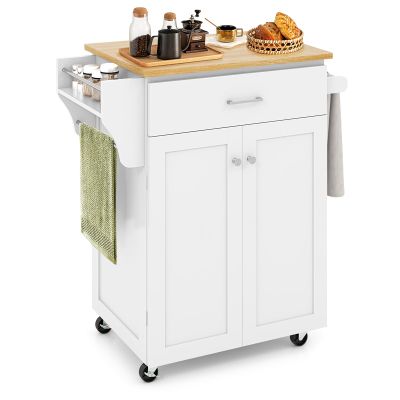 Giantex Rolling Kitchen Island, Kitchen Trolley Cart with Spice Rack, Large Drawer, Towel Rack, Storage Pantry Cabinet with Adjustable Shelf, Kitchen Cart on Wheels, Dining Room Furniture (White)