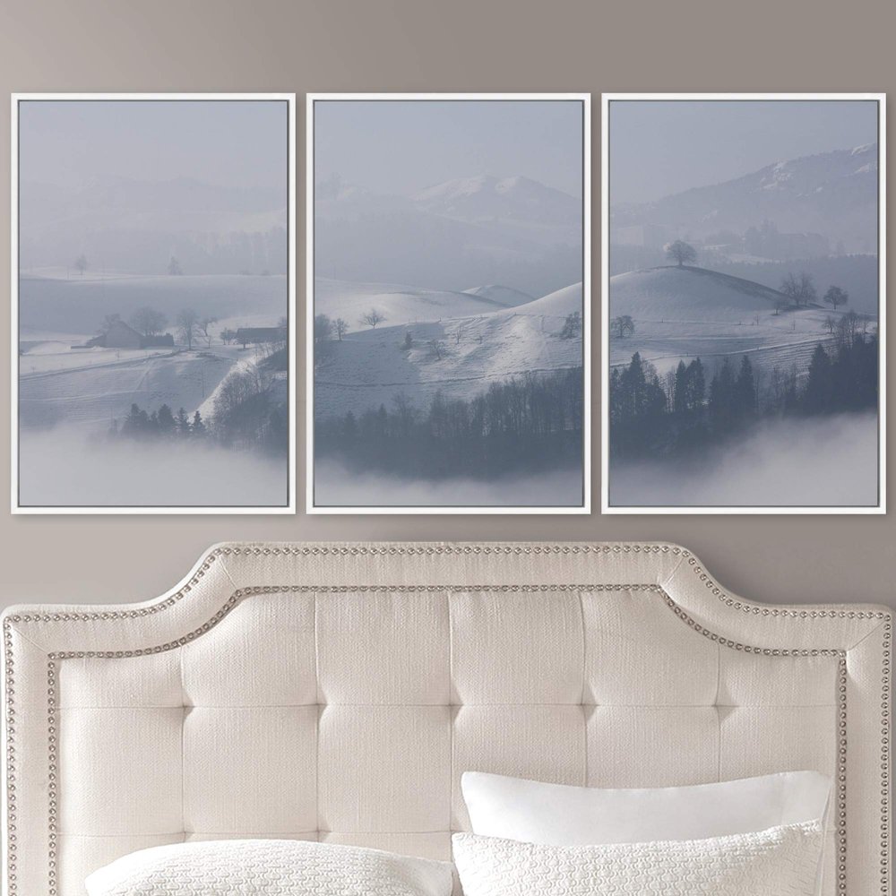 SIGNWIN 3 Piece Framed Canvas Wall Art Foggy Mountains Canvas Prints Home Artwork Decoration for Living Room,Bedroom - 16"x24"x3 Panels