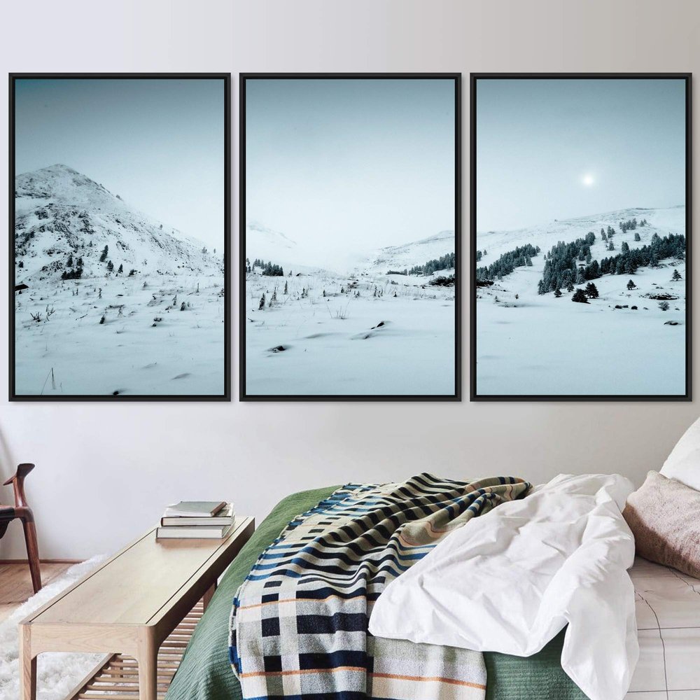 SIGNWIN 3 Piece Framed Canvas Wall Art Woodland Nursery Decor Snow Mountain Canvas Prints Home Artwork Decoration for Living Room,Bedroom - 16"x24"x3 Panels