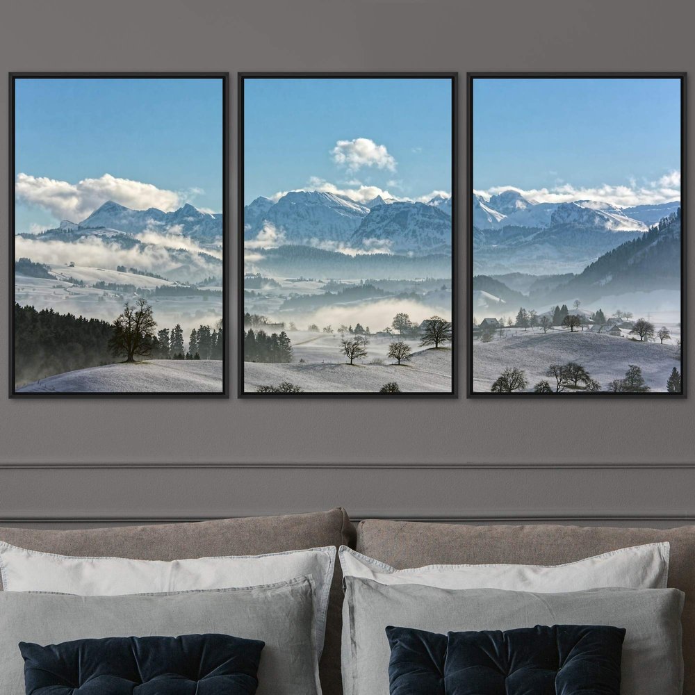 SIGNWIN 3 Piece Framed Canvas Wall Art Snow Mountain Canvas Prints Home Artwork Decoration for Living Room,Bedroom - 16"x24"x3 Panels