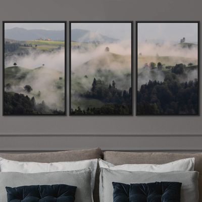 SIGNWIN 3 Piece Framed Canvas Wall Art Woodland Nursery Decor Foggy Mountains Canvas Prints Home Artwork Decoration for Living Room,Bedroom - 16"x24"x3 Panels