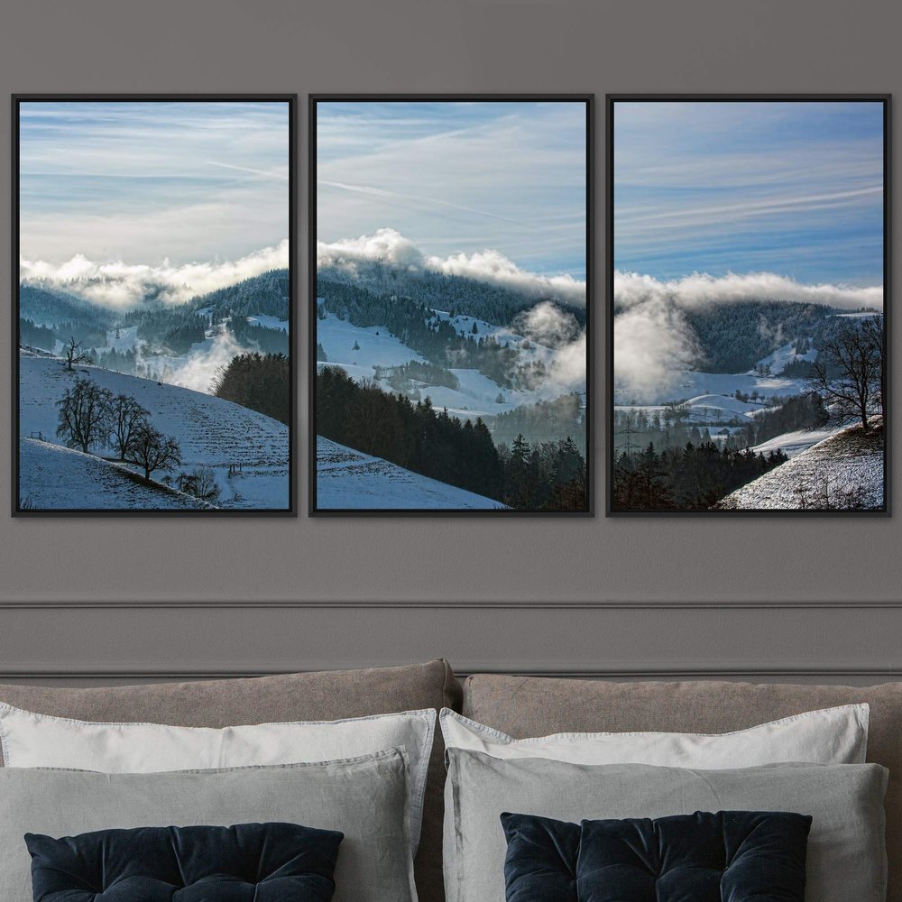 SIGNWIN 3 Piece Framed Canvas Wall Art Foggy Mountains Canvas Prints Home Artwork Decoration for Living Room,Bedroom - 16"x24"x3 Panels