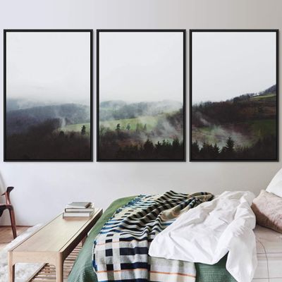 SIGNWIN 3 Piece Framed Canvas Wall Art Woodland Nursery Decor Foggy Mountains Canvas Prints Home Artwork Decoration for Living Room,Bedroom - 16"x24"x3 Panels