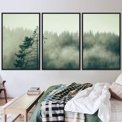 SIGNWIN 3 Piece Framed Canvas Wall Art Woodland Nursery Decor Foggy Mountains Canvas Prints Home Artwork Decoration for Living Room,Bedroom - 16"x24"x3 Panels