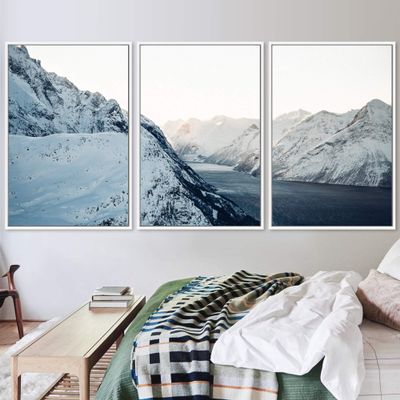 SIGNWIN 3 Piece Framed Canvas Wall Art Winter Lake Canvas Prints Home Artwork Decoration for Living Room,Bedroom - 16"x24"x3 Panels
