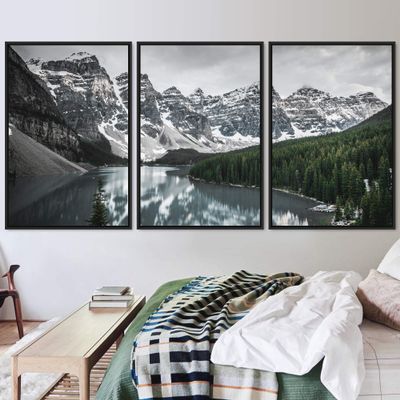 SIGNWIN 3 Piece Framed Canvas Wall Art Winter Lake Canvas Prints Home Artwork Decoration for Living Room,Bedroom - 16"x24"x3 Panels