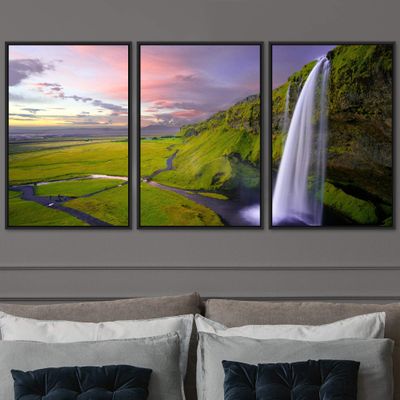 SIGNWIN 3 Piece Framed Canvas Wall Art Mountain and Waterfalls Canvas Prints Home Artwork Decoration for Living Room,Bedroom - 16"x24"x3 Panels