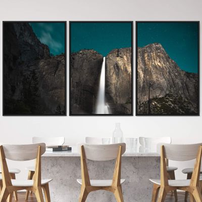 SIGNWIN 3 Piece Framed Canvas Wall Art Mountain and Waterfalls Canvas Prints Home Artwork Decoration for Living Room,Bedroom - 16"x24"x3 Panels