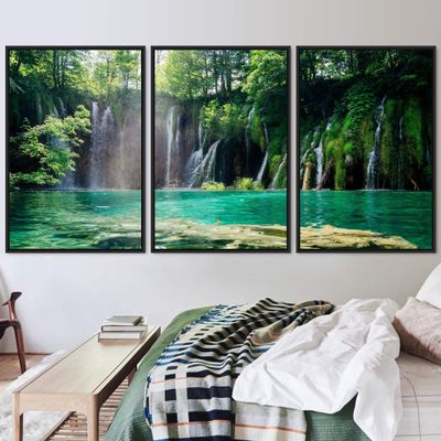 SIGNWIN 3 Piece Framed Canvas Wall Art Forest Waterfalls Canvas Prints Home Artwork Decoration for Living Room,Bedroom - 16"x24"x3 Panels