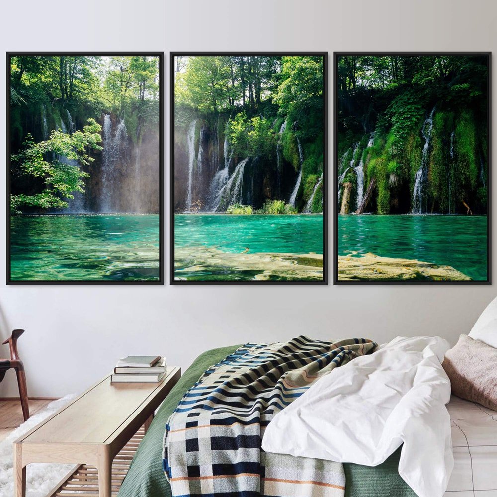 SIGNWIN 3 Piece Framed Canvas Wall Art Forest Waterfalls Canvas Prints Home Artwork Decoration for Living Room,Bedroom - 16"x24"x3 Panels