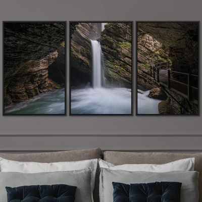 SIGNWIN 3 Piece Framed Canvas Wall Art Mountain and Waterfalls Canvas Prints Home Artwork Decoration for Living Room,Bedroom - 16"x24"x3 Panels