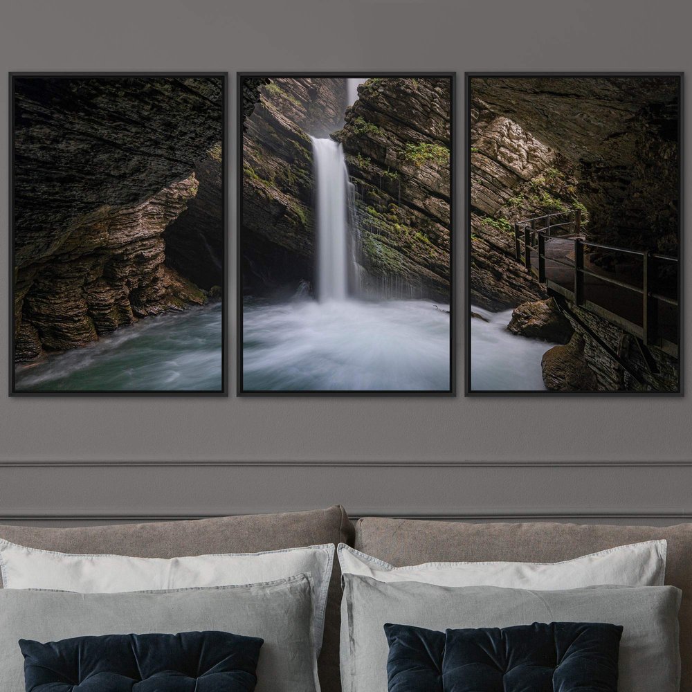 SIGNWIN 3 Piece Framed Canvas Wall Art Mountain and Waterfalls Canvas Prints Home Artwork Decoration for Living Room,Bedroom - 16"x24"x3 Panels