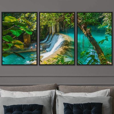 SIGNWIN 3 Piece Framed Canvas Wall Art Forest Waterfalls Canvas Prints Home Artwork Decoration for Living Room,Bedroom - 16"x24"x3 Panels