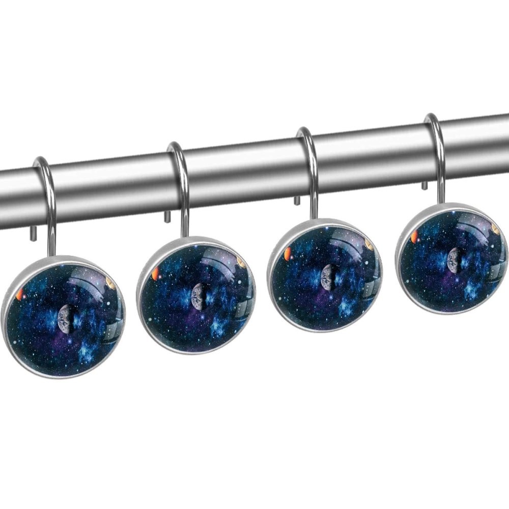 Galaxy Space Planets Shower Curtain Hooks Stainless Steel Decorative Shower Curtain Rings for Bathroom Rust Proof 12 Pack Crystal Glass