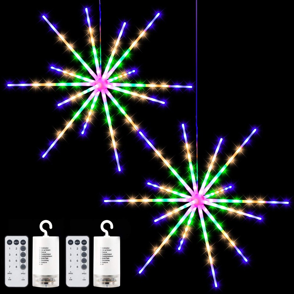 2 Pack 224 LED Hanging Starburst Light, Firework Fairy Starburst String Lights LED Meteor Lights with Remote, 8 Lighting Modes Operated, Starry Light for Garden Party Christmas (Multicolor)