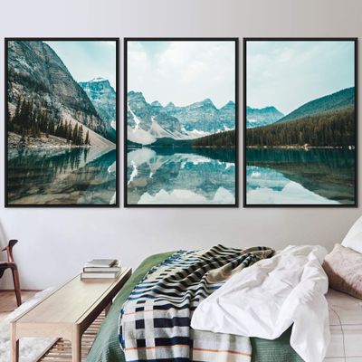 SIGNWIN 3 Piece Framed Canvas Wall Art Winter Lake Canvas Prints Home Artwork Decoration for Living Room,Bedroom - 16"x24"x3 Panels