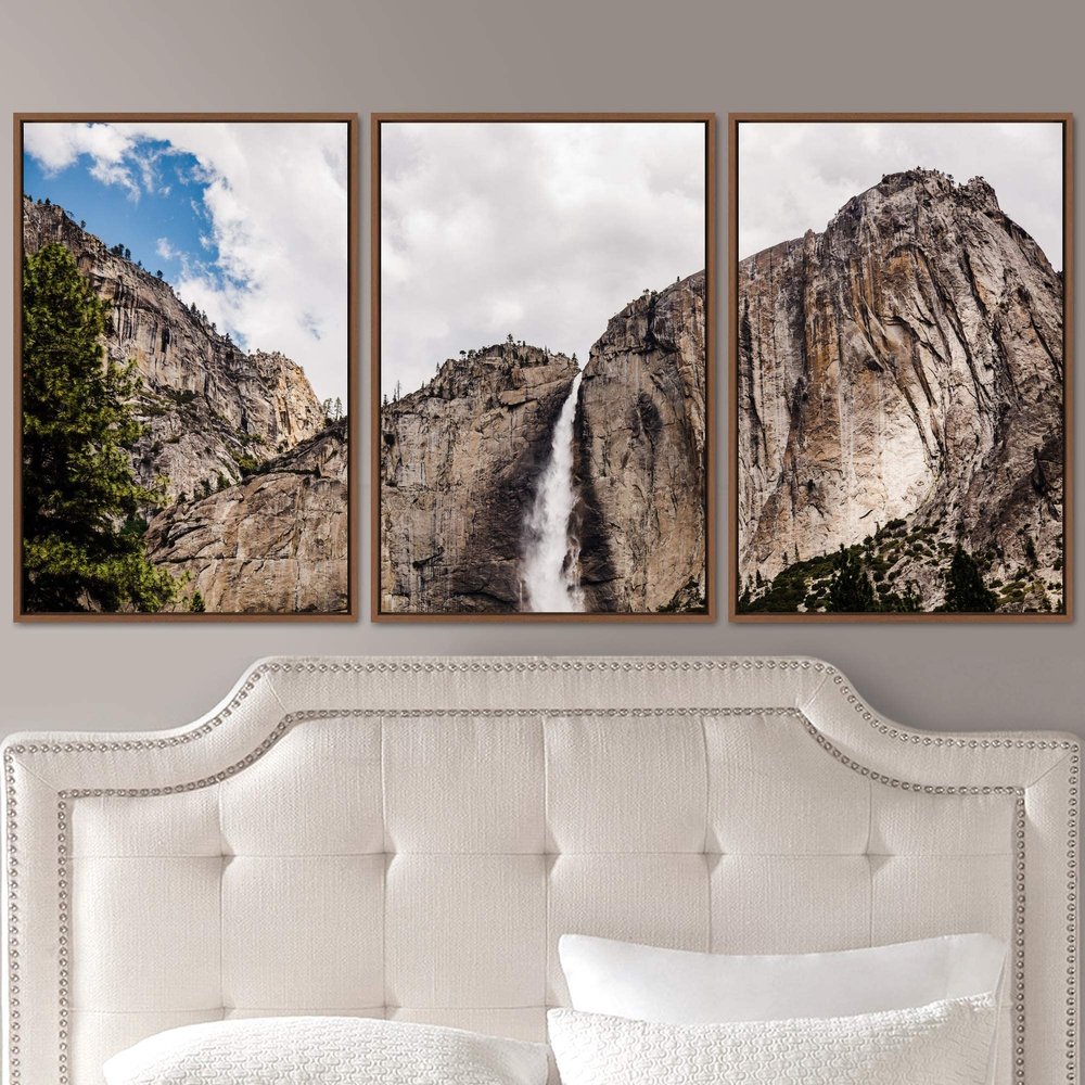 SIGNWIN 3 Piece Framed Canvas Wall Art Mountain and Waterfall Canvas Prints Home Artwork Decoration for Living Room,Bedroom - 16"x24"x3 Panels