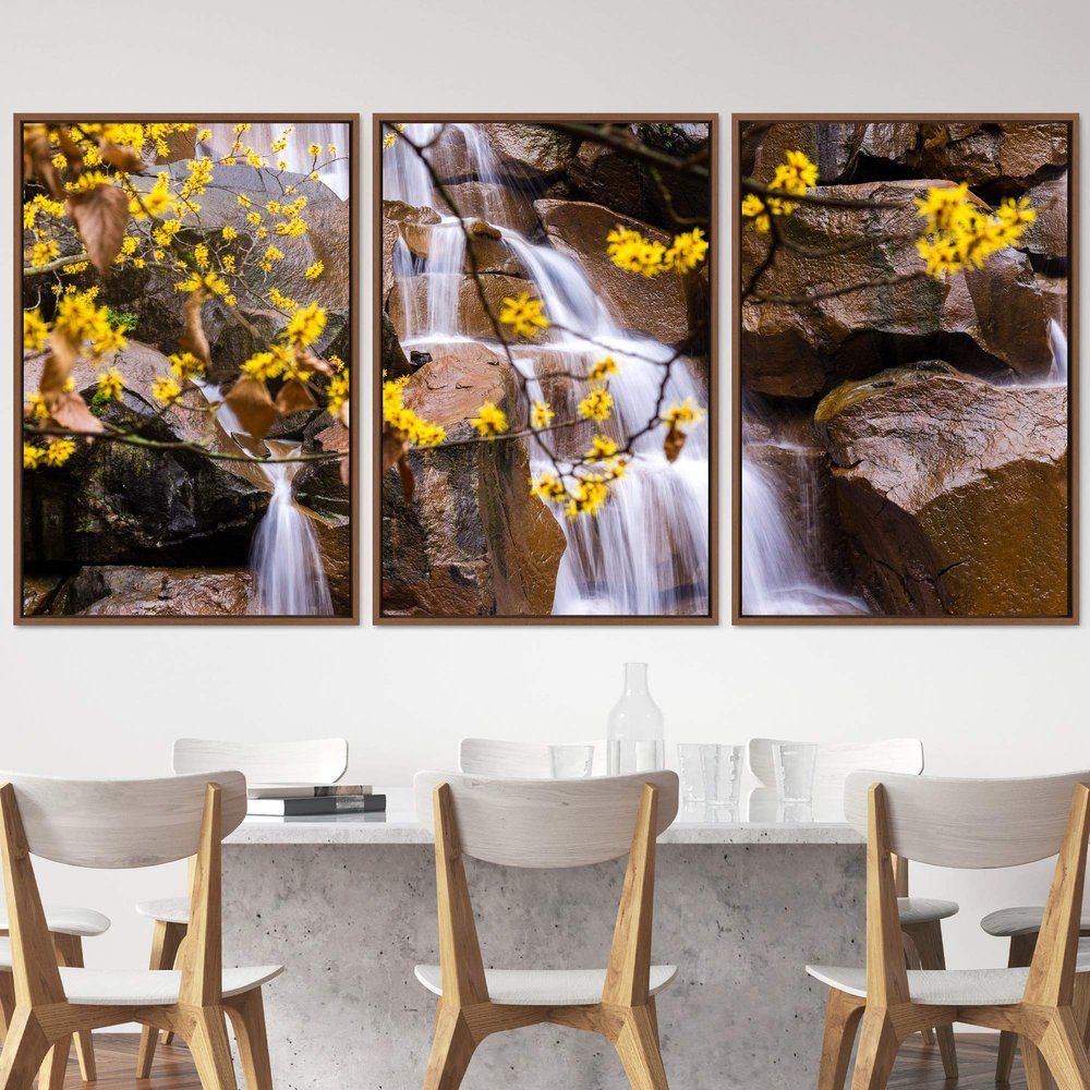SIGNWIN 3 Piece Framed Canvas Wall Art Mountain and Waterfalls Canvas Prints Home Artwork Decoration for Living Room,Bedroom - 16"x24"x3 Panels