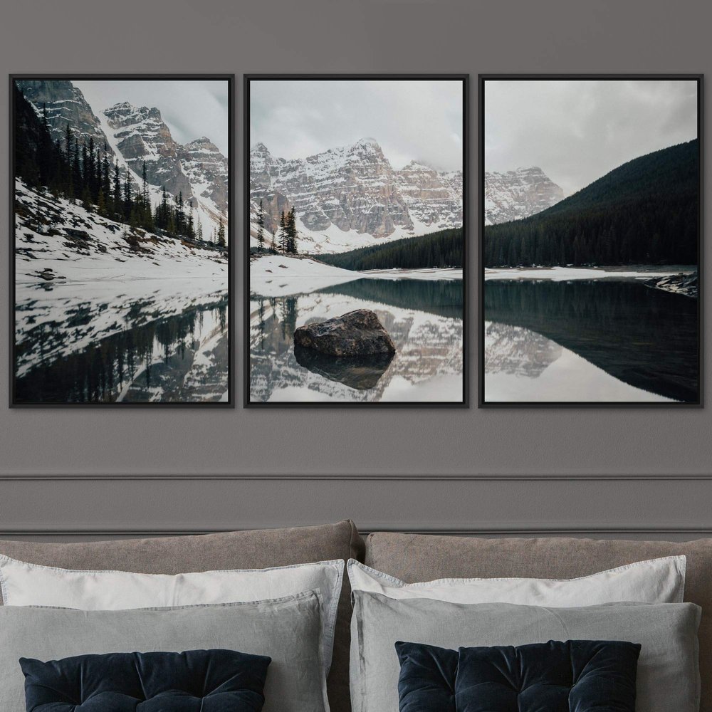 SIGNWIN 3 Piece Framed Canvas Wall Art Winter Lake Canvas Prints Home Artwork Decoration for Living Room,Bedroom - 16"x24"x3 Panels