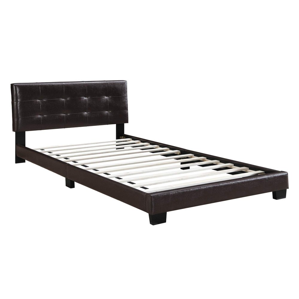 Benjara Queen Leatherette Bed with Checkered Tufted Headboard, Brown